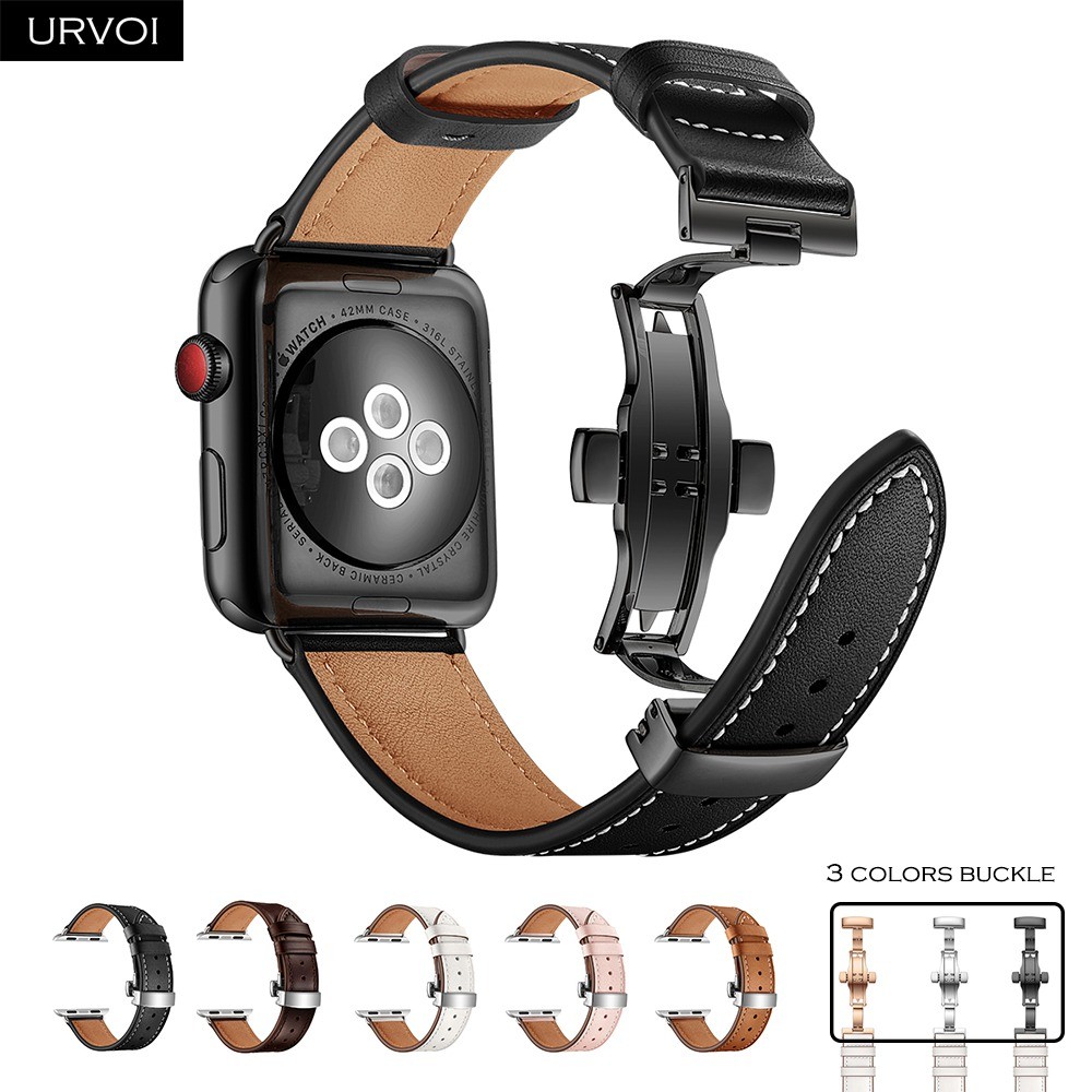 URVOI Deploy Buckle Strap for Apple Watch 7 6 SE 5 4 3 2 1 Strap for iwatch Strap Round Single Swift Leather Butterfly Buckle