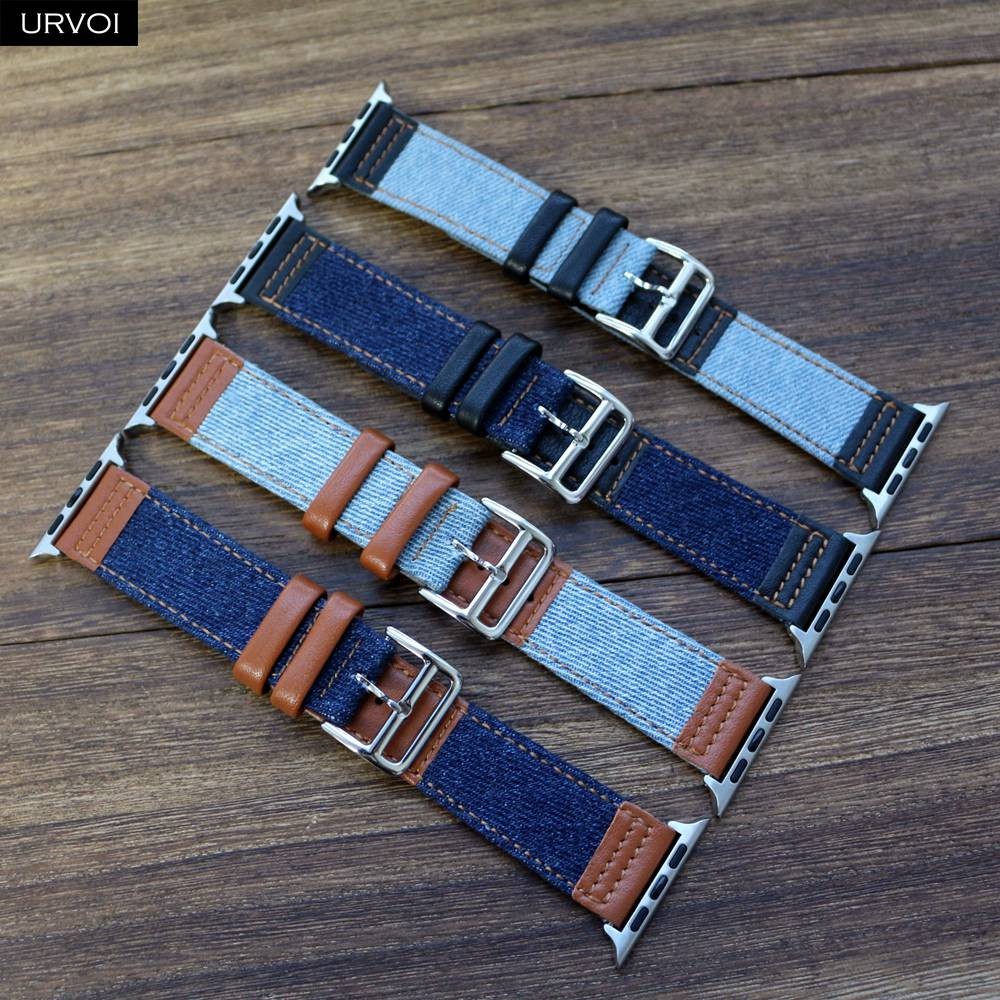 URVOI Jeans Strap for Apple Watch 7 6 SE 5 4 Leather Strap Jean Canvas Durable iwatch Wrist Strap Compatible Adapters