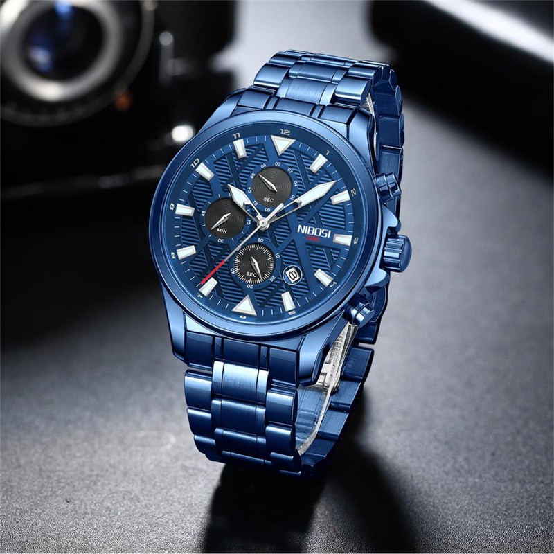 NIBOSI Mens Watches Top Brand Sports Waterproof Stainless Steel Blue Quartz Watch Men Military Wristwatch Relogio Masculino