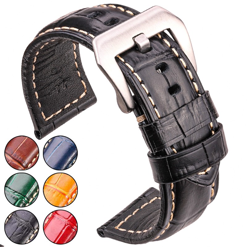 Gennuine Leather Watch Band 5 Colors Crocodile Pattern Women Men 20mm 22mm 24mm Strap With Silver Black Steel Buckle Watchband