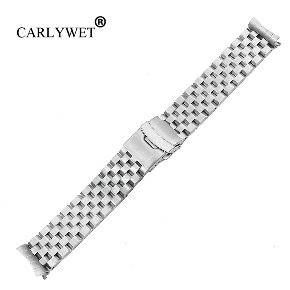 Carliot 22mm Silver Hollow Curved End Solid Links Replacement Watch Band Bracelet Double Push Clasp for Seiko