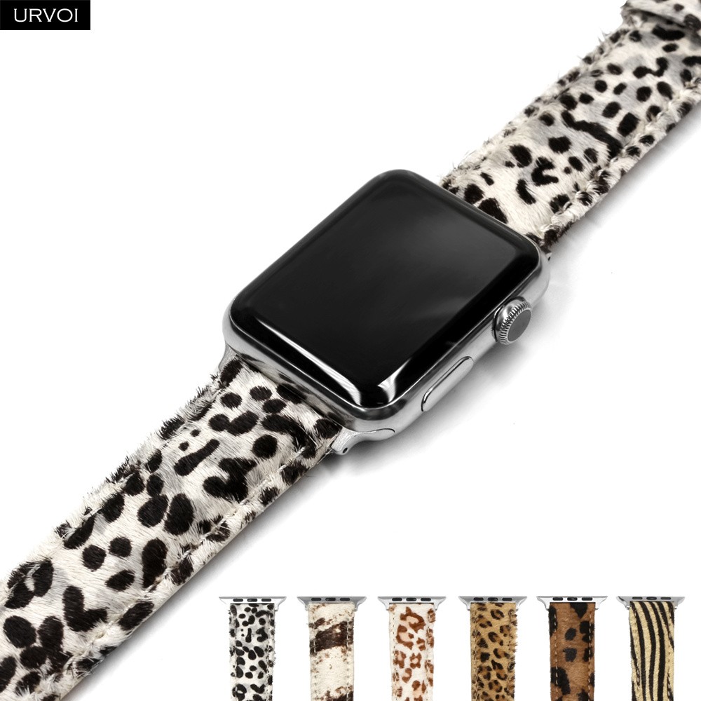 URVOI Band for Apple Watch 41 45mm Leather Strap for iwatch Series 7 6 SE 5 4 3 2 1 Horse Fur Leopard Print Pattern Comfortable