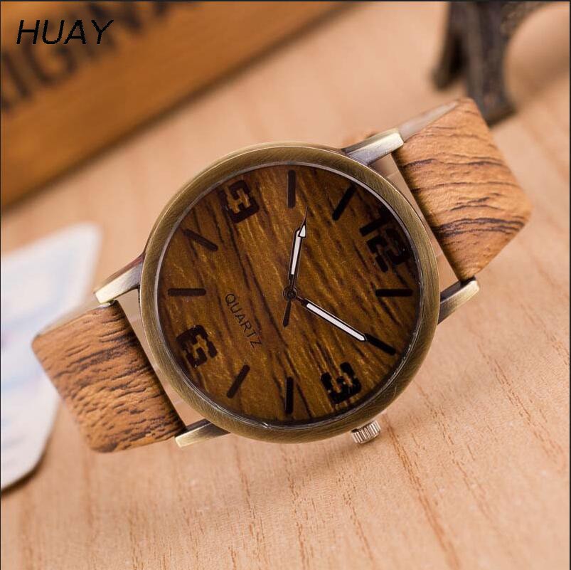 Hot Simulation Wooden Men's Quartz Watches Popular Casual Wooden Color Leather Strap Clock Creative Personality Male Wristwatch