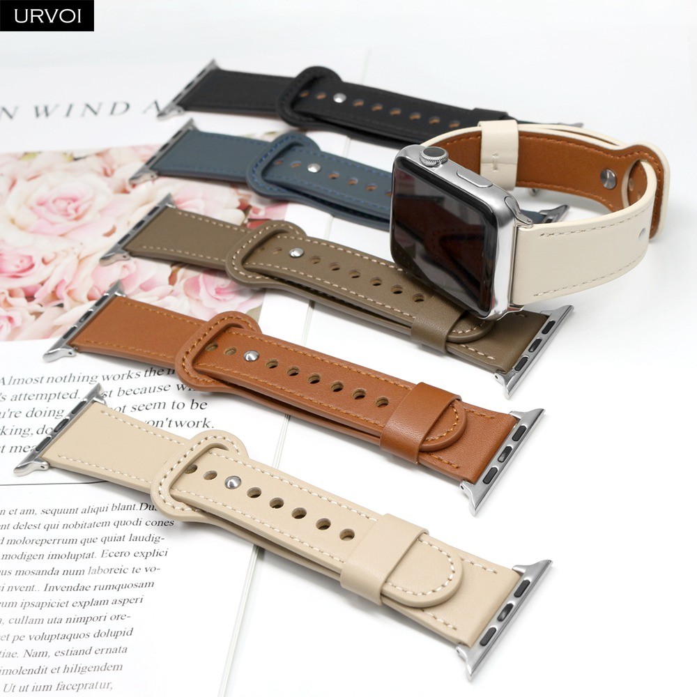 URVOI Strap for Apple Watch Series 7 6 SE 5 4 3 2 1 Sport Band Genuine Leather Pin Buckle for iWatch Modern Single Ring Design