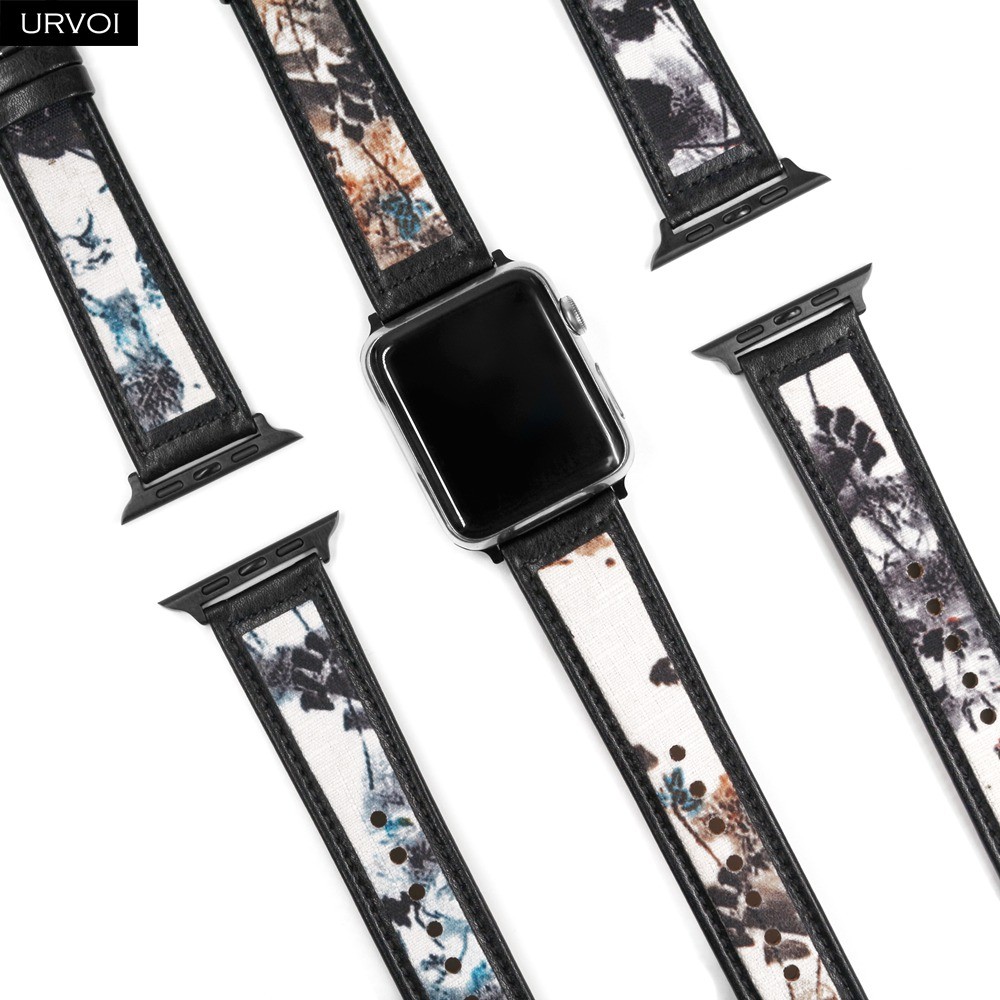 URVOI Band for Apple Watch Series 7 6 SE 5 4 321 Genuine Leather Strap for iWatch Ink and Wash Painting Pin Buckle 38 40 42 44mm