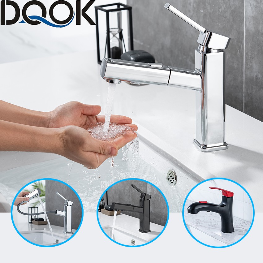 DQOK Bathroom Basin Faucets Basin Mixer Sink Faucet Pull Out Bathroom Water Mixer Chrome Brass Modern Washbasin Faucets Black