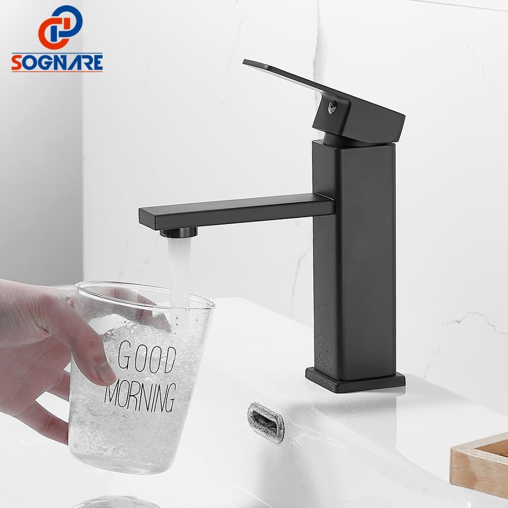 SOGANRE Basin Bathroom Sink Faucet Deck Mounted Hot Cold Water Basin Mixer Taps Matte Black Lavatory Sink Faucet Lever