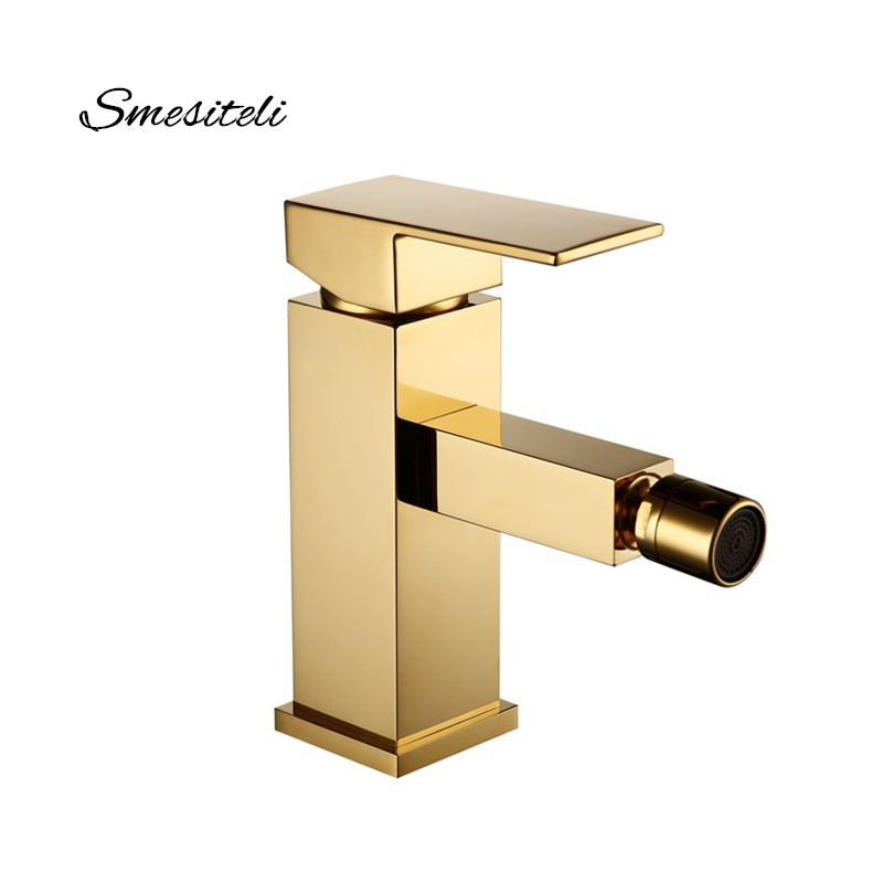 Smesiteli - Solid Brass Bathroom Faucet, Square Style, Polished Gold Finish, Bidet, Single Lever, Water Faucet, Bidet Installation