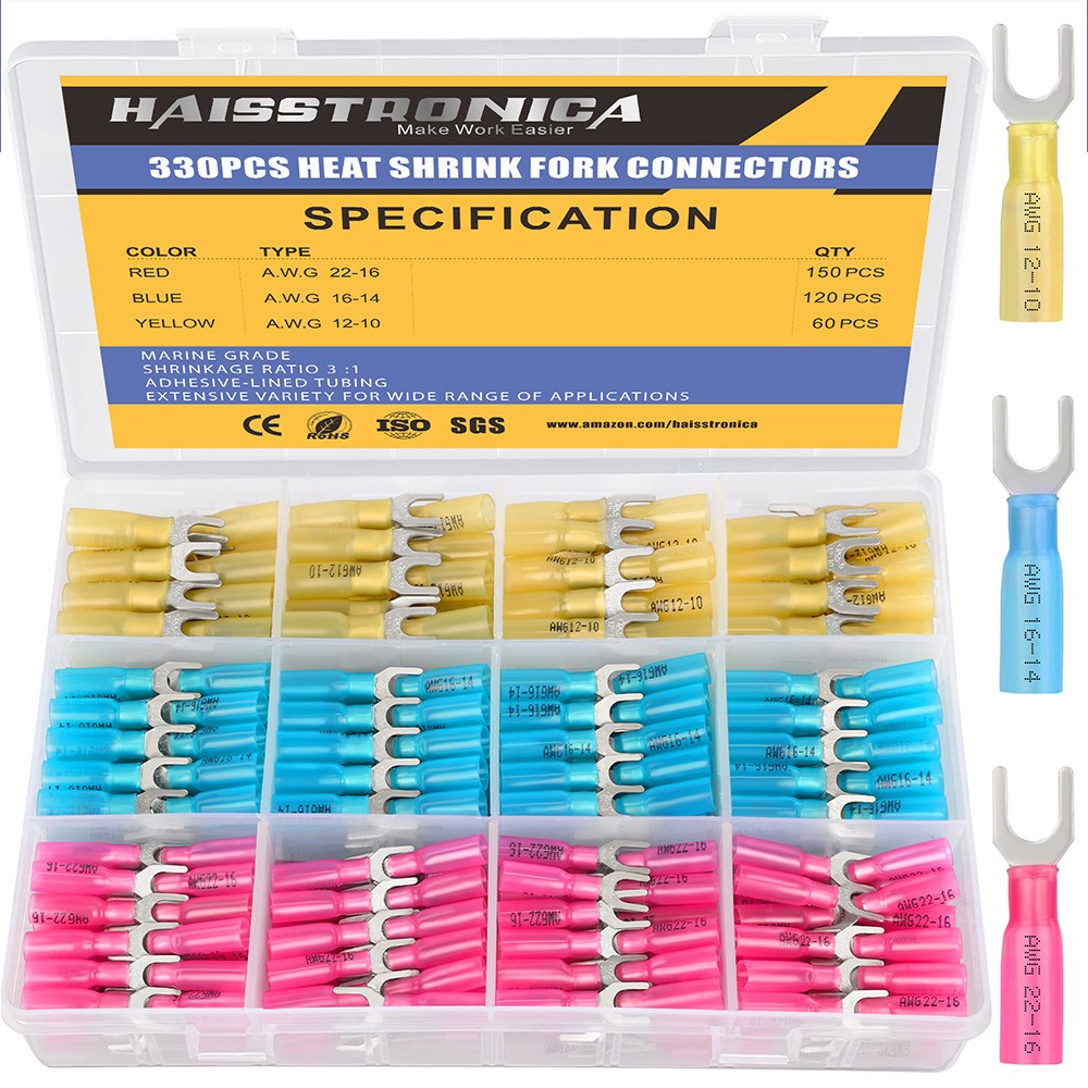 Haisstronica 330pcs #10 Marine Grade Heat Shrink Fork Connectors , 22-10 Gauge Tinned Copper Crimp Connectors Fork Terminals