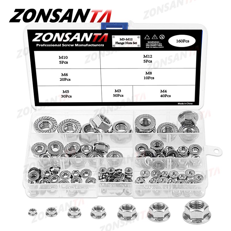 ZONSANTA160pcs حافة سداسية الأشكال المكسرات M3 M4 M5 M6 M8 M10 M12 304 الفولاذ المقاوم للصدأ العالمي Locknuts مجموعة تشكيلة كيت DIN6923