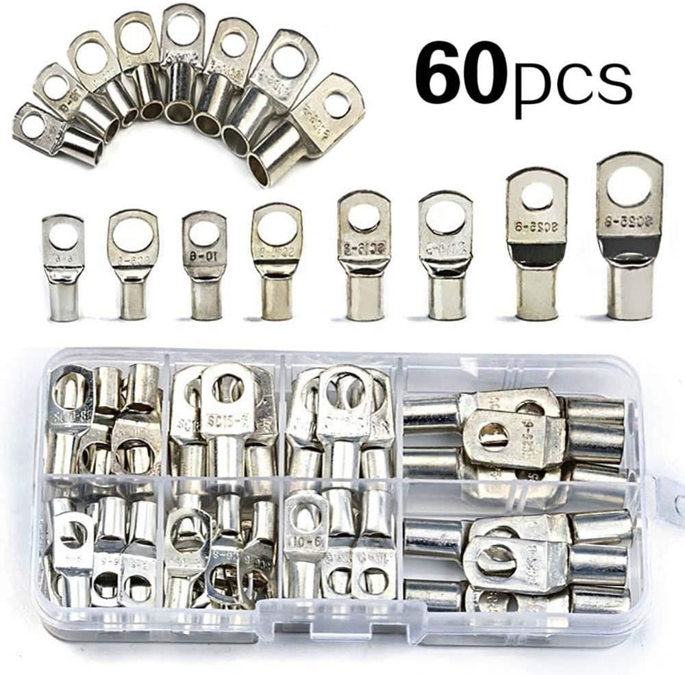 SC Chrome Plated Copper Terminal Kit Car Battery Terminal Ring Insulation Wire Connector Crimped/Welded Cable 60pcs