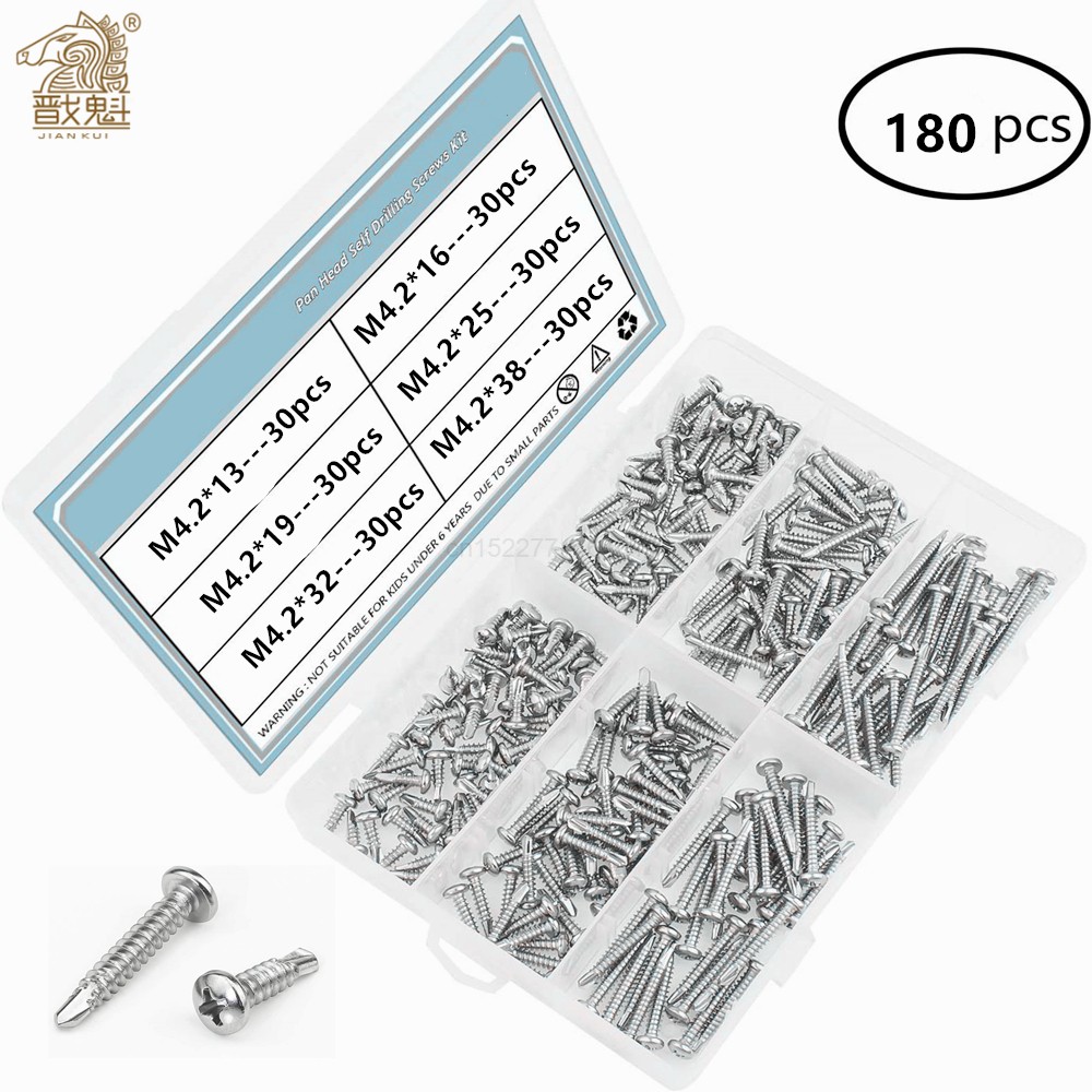 180pcs Cross Recessed Phillips Pan Head Self Drilling Tapping Screw Thread 410 Stainless Steel M4.2 Self Drilling Screw