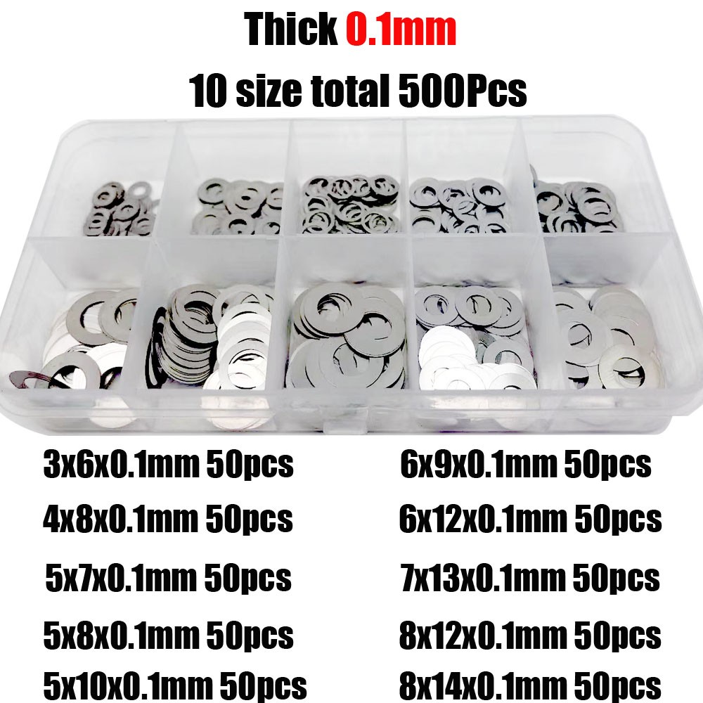 500pcs M3 M4 M5 M6 M7 M8 DIN988 304 Stainless Steel Ultra-thin Flat Washer Adjust Shim Plain Gasket Assortment Set Box