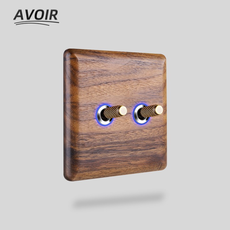 Avoir Black Walnut Solid Wood Wall Light Switches With LED Indicator Toggle Switch 1 2 3 4 Gang 2 Way EU French Electrical Socket