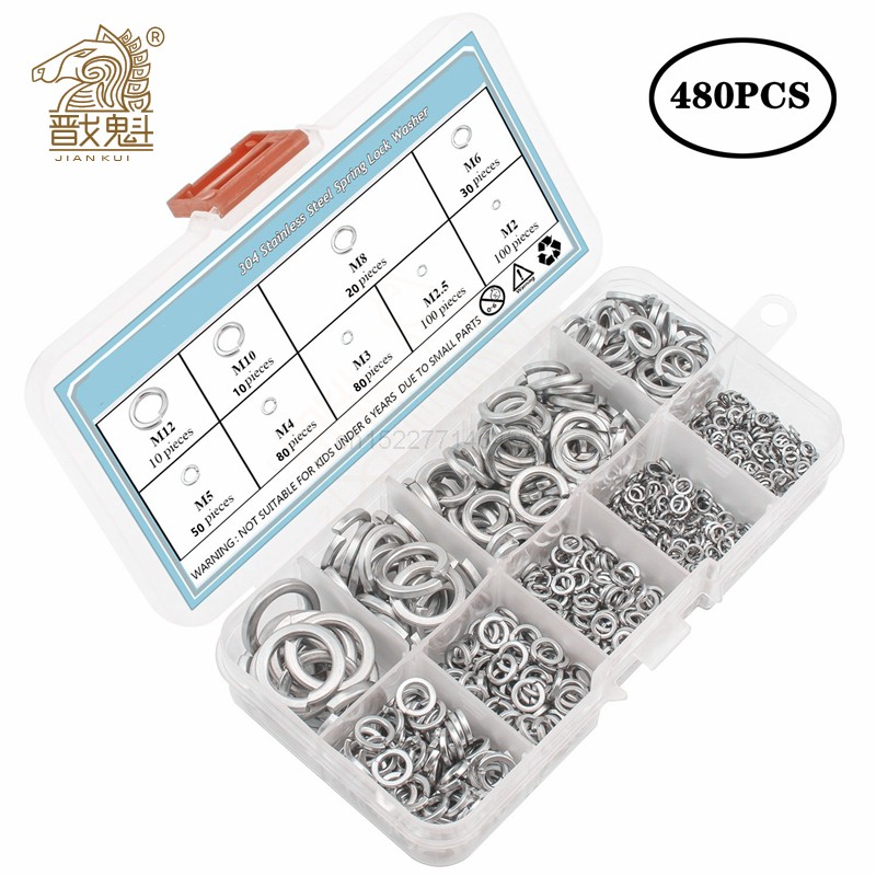 480pcs 304 Stainless Steel Spring Lock Washer Assortment Set, 9 Sizes - M2 M2.5 M3 M4 M5 M6 M8 M10 M12