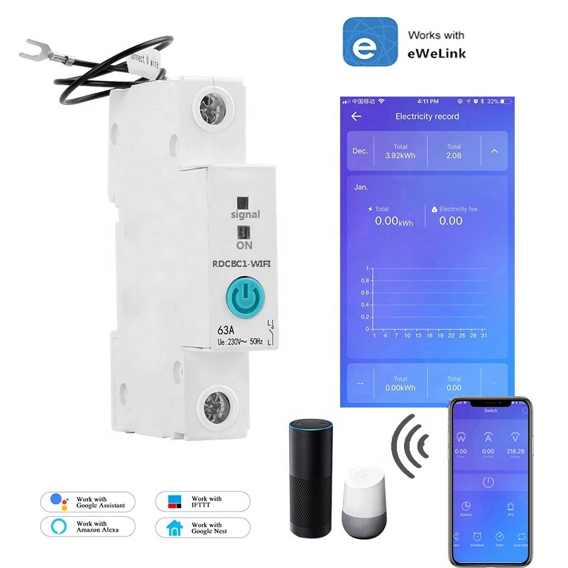 1P Din Rail WIFI Smart Energy Meter Energy Consumption KWh Meter Circuit Breaker Time Timer Switch Relay Voltmeter For Smart Home