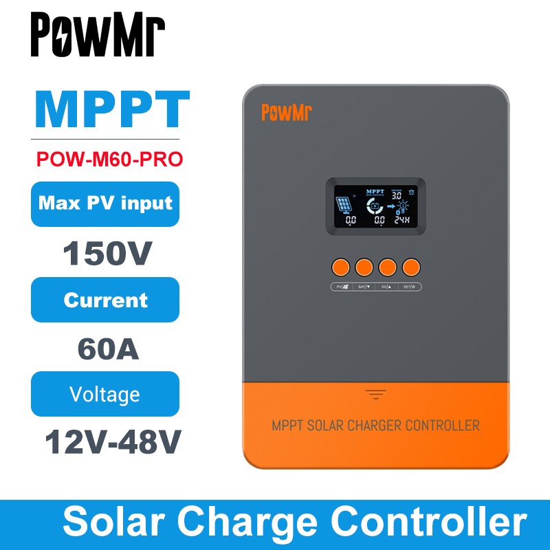 PowMr MPPT 60A Solar Charger Controller 12V 24V 36V 48V with blacklight LCD Regulator Max PV Input 150VDC Support Lithium Battery