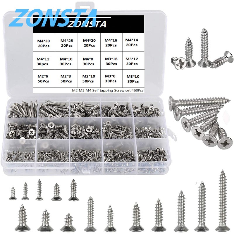 M2 M3 M4 460pcs Countersunk Flat Head Tapping Screws Set 304 Stainless Steel Small Cross Recessed Wood Screw Assorted Set