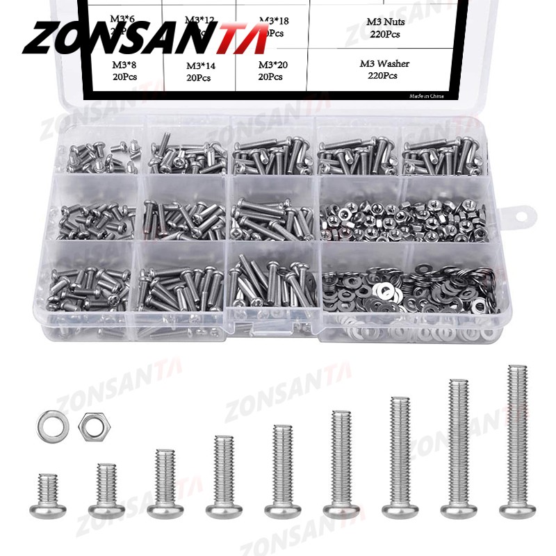 ZONSANTA 480/660pcs Cross Round Head Screw Set M2 M2.5 M3 M4 Ring Nut Stainless Steel Screw Phillips Head Machine Screw