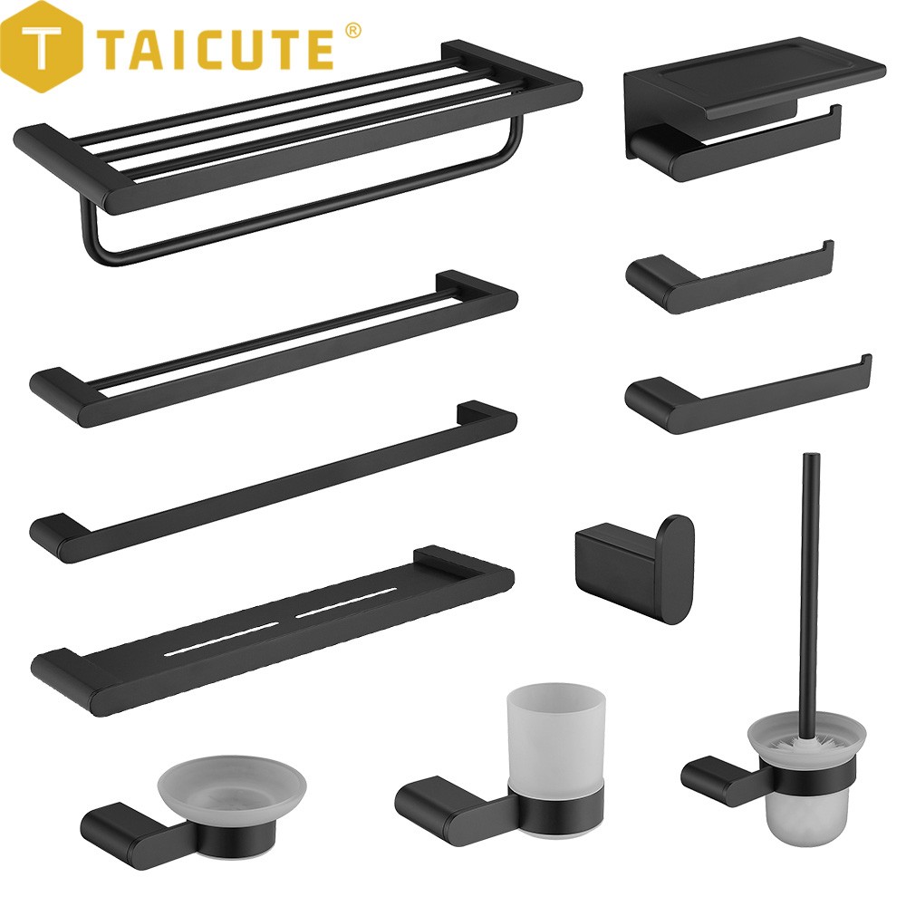 TAICUTE Black Bathroom Accessories Hardware Sets Premium Steel Towel Rack Bar Hook Paper Roll Holder Toilet Brush