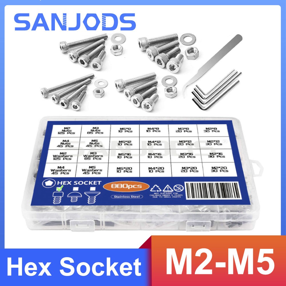 880pcs Hexagon Head Hex Socket Cap Screw Set M2 M3 M4 M5 304 Stainless Steel Flat Button Head Cap & Nuts & Washer Assorted Set