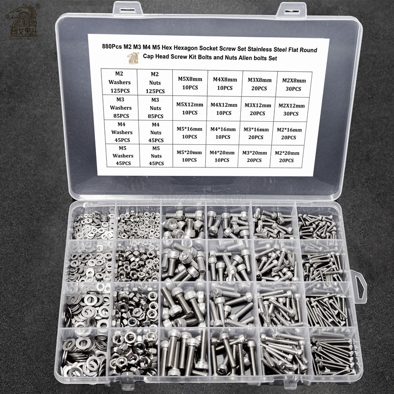 860pcs M2 M3 M4 M5 Hex Hexagon Socket Screw Set Stainless Steel Flat Round Cap Head Screw Kit Screws and Nuts Allen Bolts Set