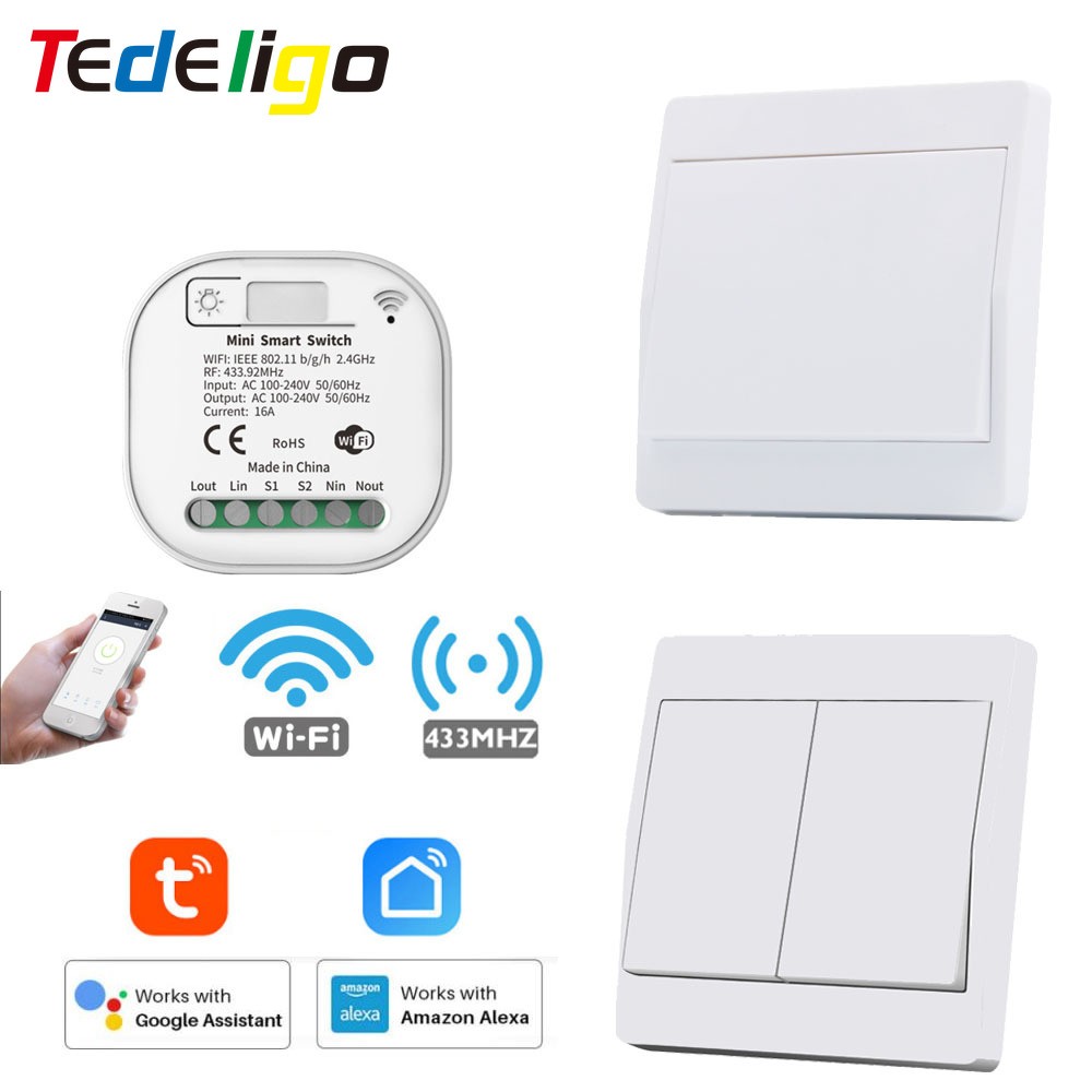 Tuya Smart WiFi and Rf Light Switch 433MHz Kinetic Wall Switch No Battery Needed Wireless Remote Control Timing 220V 16A for Alexa