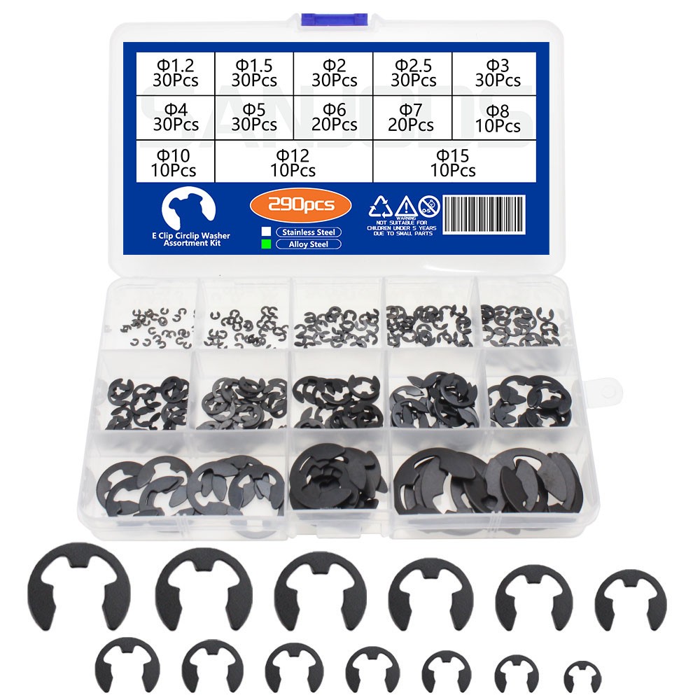 290pcs Alloy Steel E Clip Circuits Washer Assortment External Circles Retaining Ring For Shaft Fastener Shaft Pulley 1.2-15mm