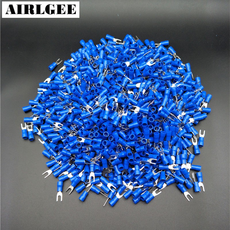 1000pcs Blue Pre-insulated Fork Terminals SV2-3 for AWG 16-14 Wire #4 Bolt Free Shipping