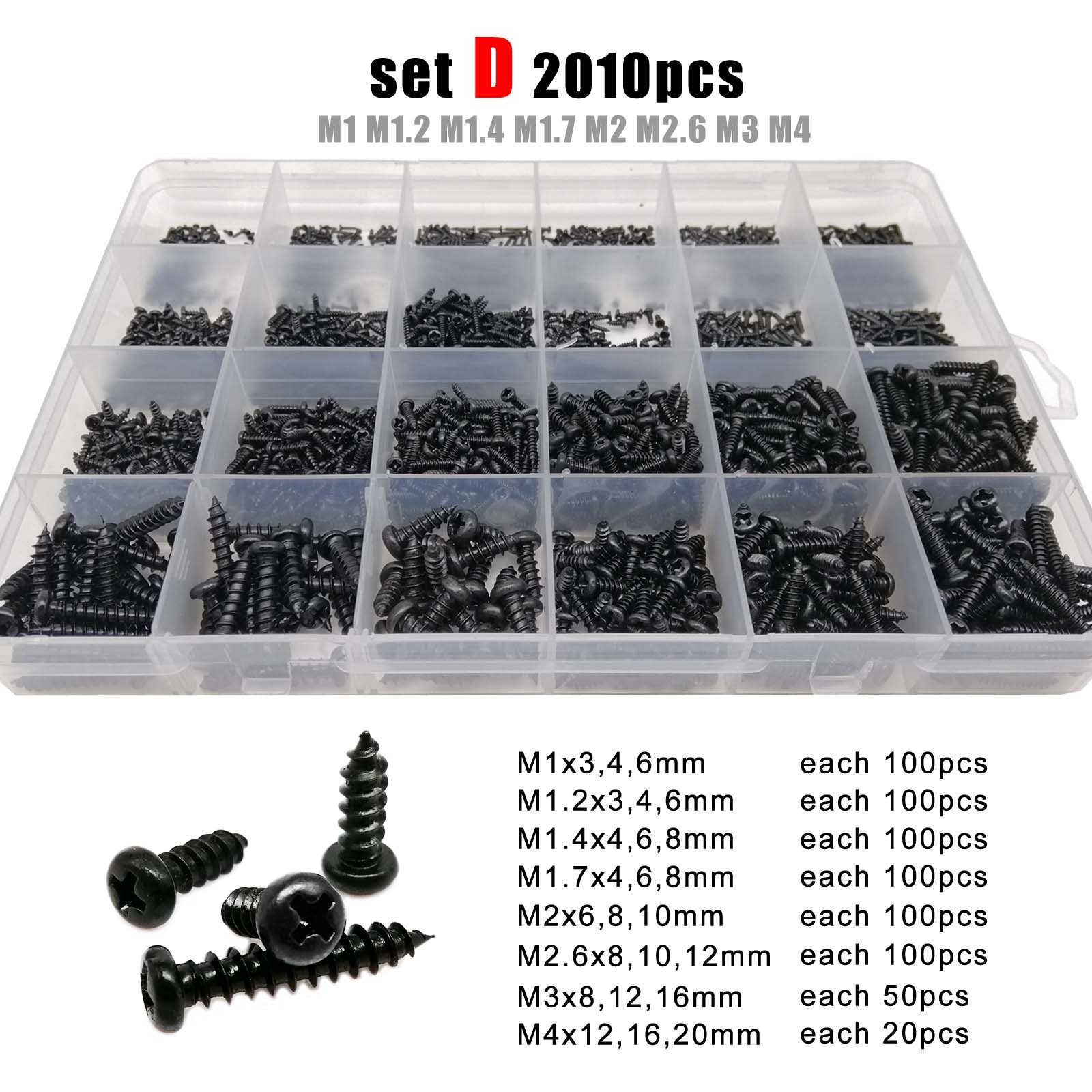 Round Head Wood Screws Set 700 or 2010pcs M1 M1.2 M1.4 M1.7 M2 M3 M4 Black Steel Small Cross