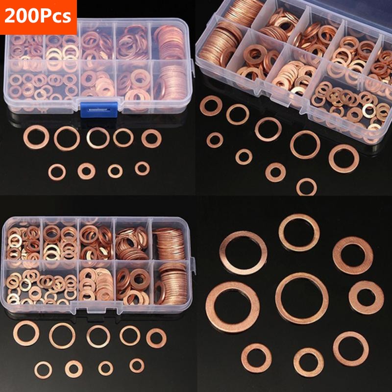 200pcs Copper Washer Gasket Nut and Bolt Flat Ring Set Assortment with Box // M8/M10/M12/M14 for Swamp Sockets