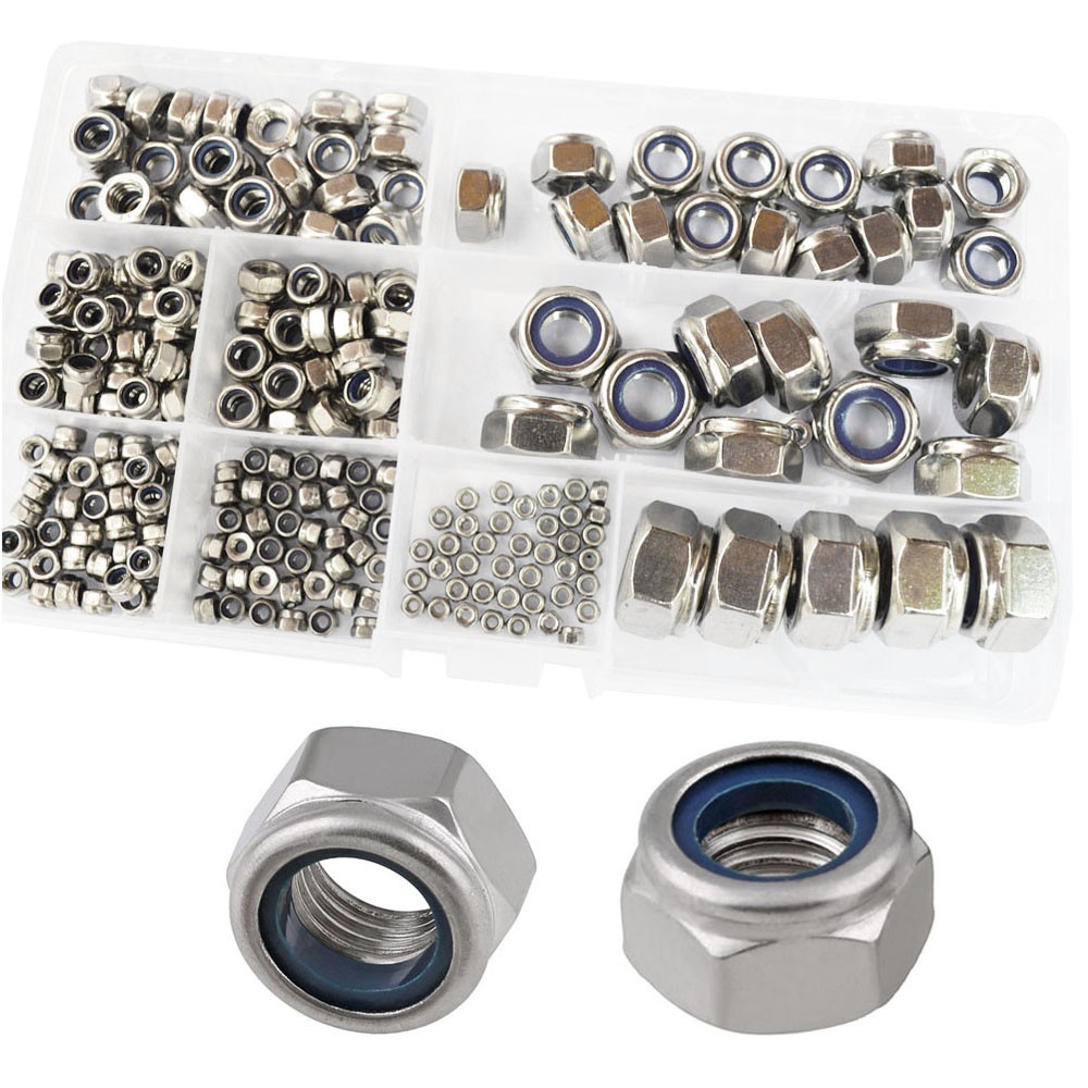 Assortment of nylon lock nuts, self-locking hex nuts, hex nuts, 304 stainless steel