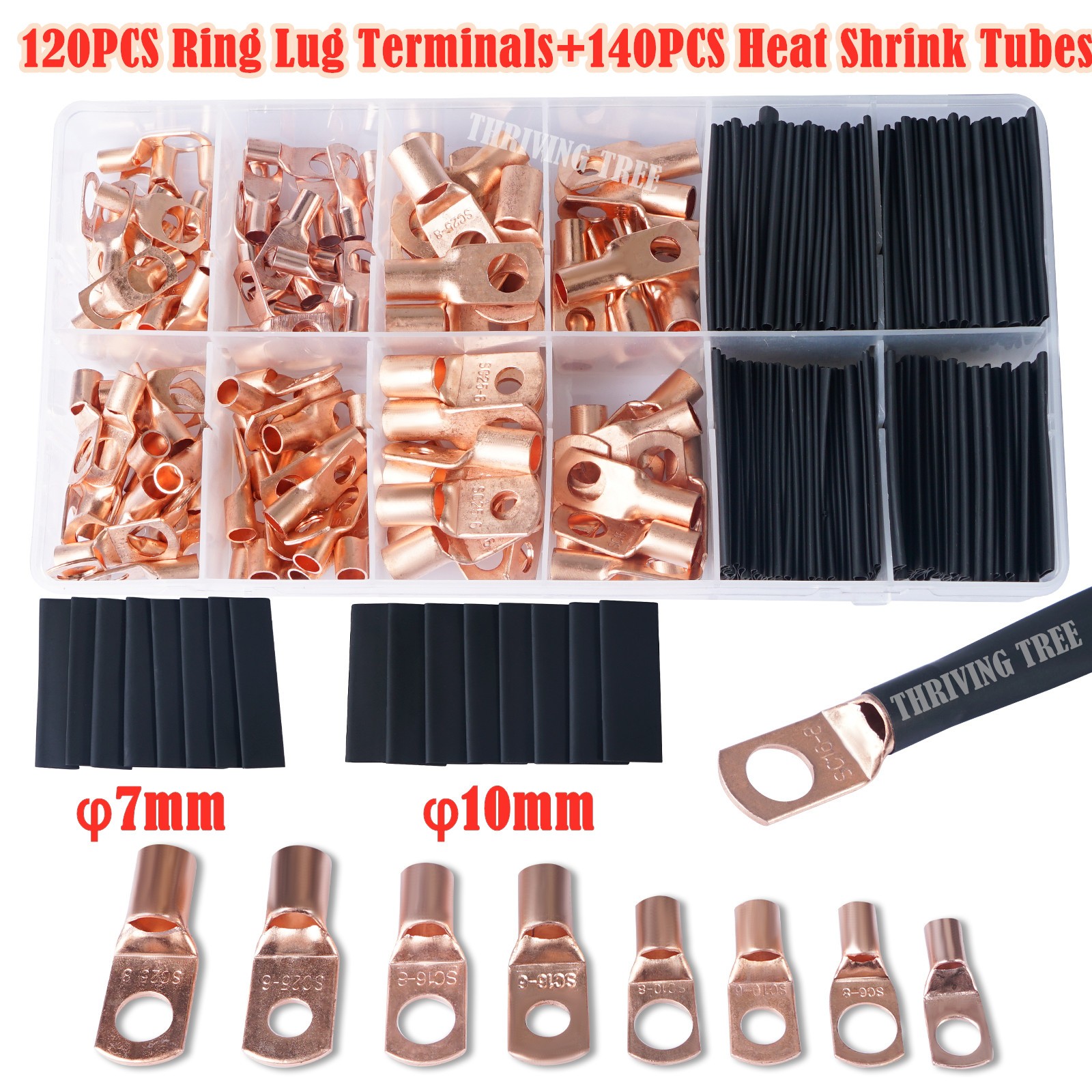 260/240/60CPS Assortment Auto Car Copper Toroidal Arm Wire Crimp Connector Bare Battery Terminal Cable Soldered Connectors Kit