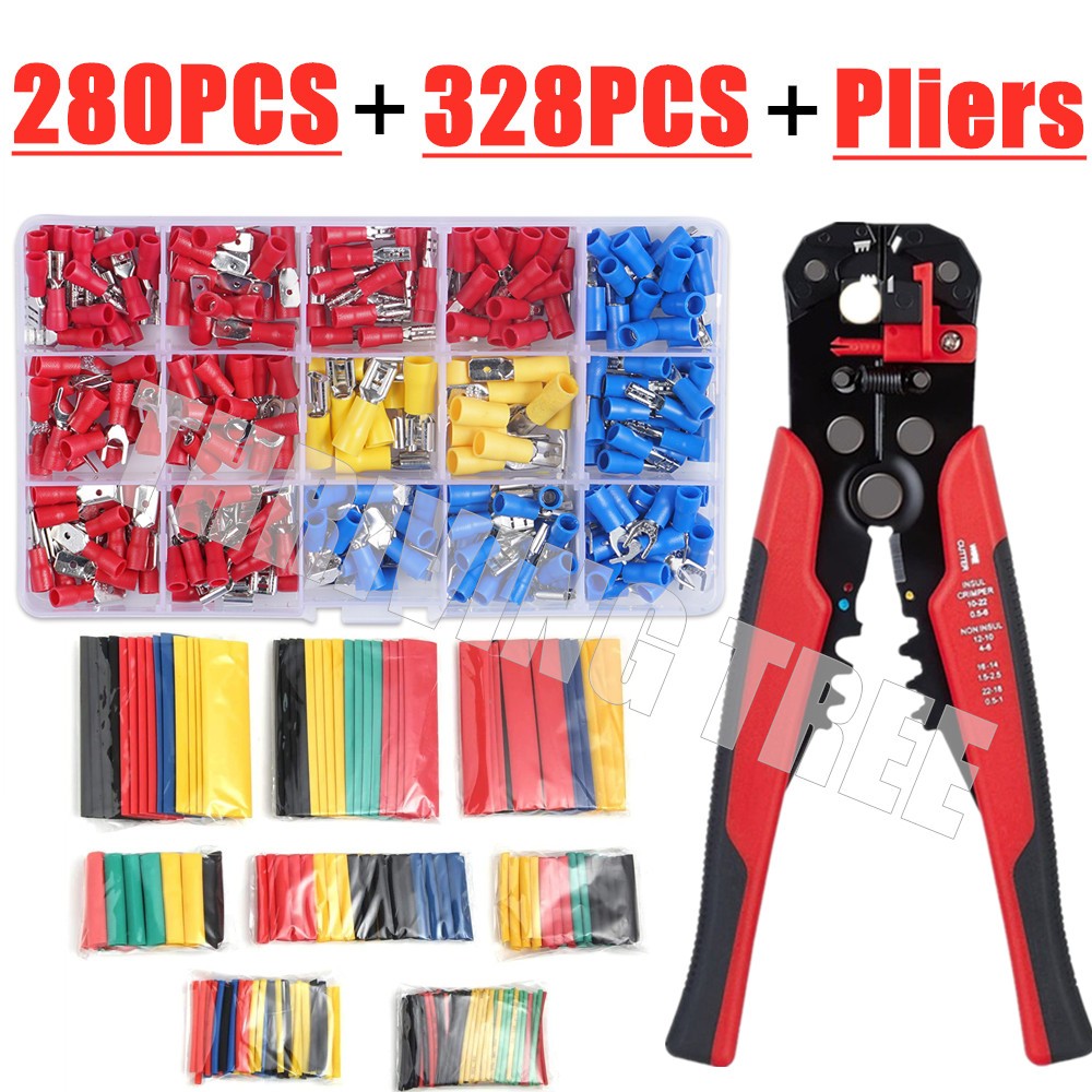 328/280pcs Insulated Spade Butt Loop Fork Loop Lugs Rolled Terminals Electrical Cable Crimp Connector Wire Stripper Plier