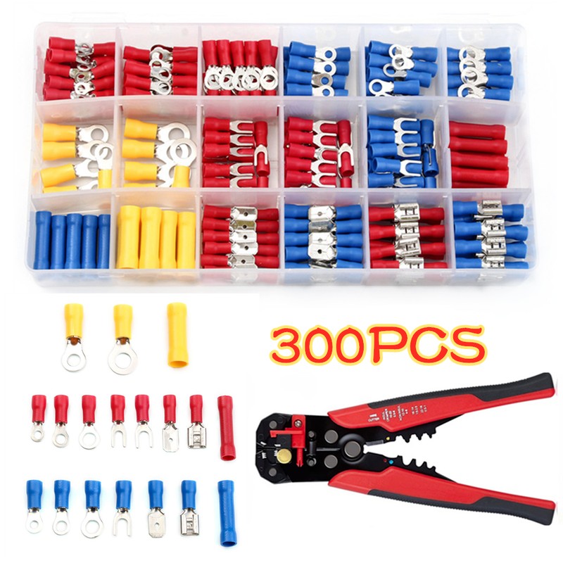 300pcs Insulated Electrical Wire Assorted Cable Connectors Crimp Spade Butt Ring Fork Set Ring Lugs Crimping Terminals Plier