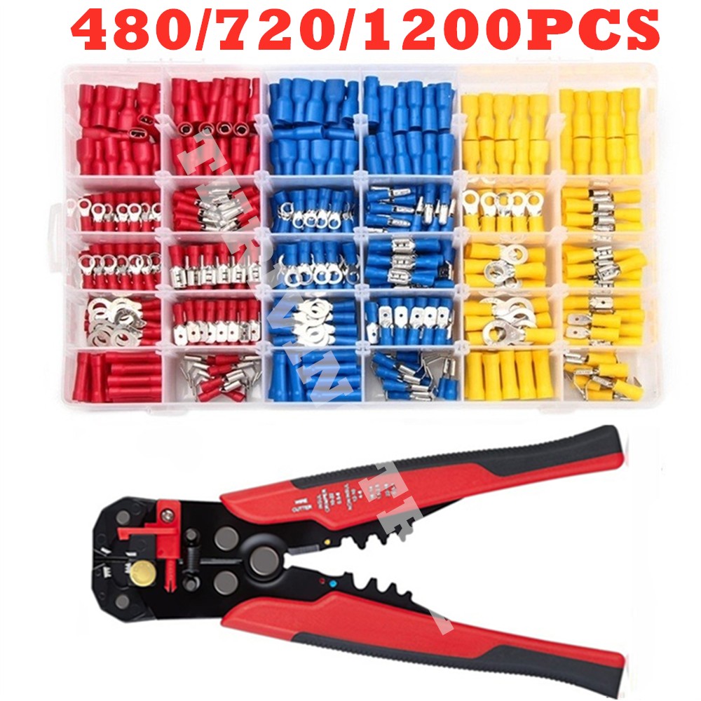 480/1200pcs assorted spade terminals insulated cable connector electrical wire assorted crimp butt loop thorn loop lugs plier