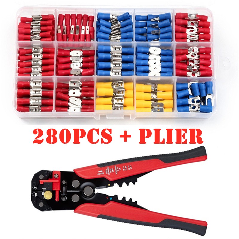 280pcs Assorted Spade Terminals Insulated Cable Connector Electrical Wire Assorted Crimp Butt Ring Fork Set Lugs Ring Plier