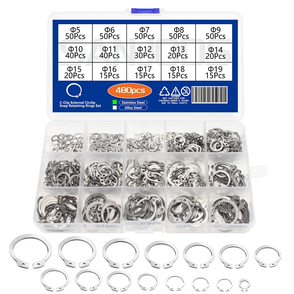 SANJODS C Clip External Circles Snap Retaining Rings Set Stainless Steel Alloy Steel C-Clip Snap Washers 5-19mm Assortment