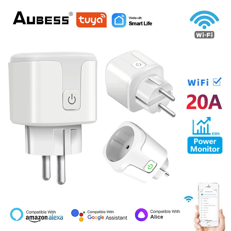 20A Tuya EU Plug WiFi Wireless Timer Socket Remote Power Monitor Air Conditioner Remote Control Smart Life Alexa Google Home Alice