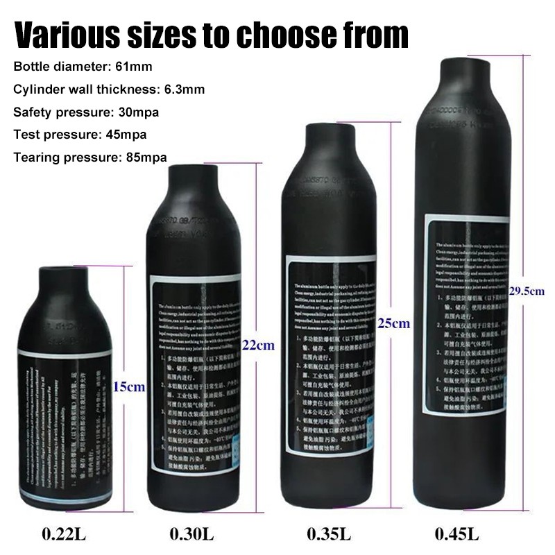 Aeronautic Aluminum Paintball PCP Cylinder Oxygen Tank Compressed Air Bottle without High Pressure Regula 0.25L/0.35L/0.45L/0.5L
