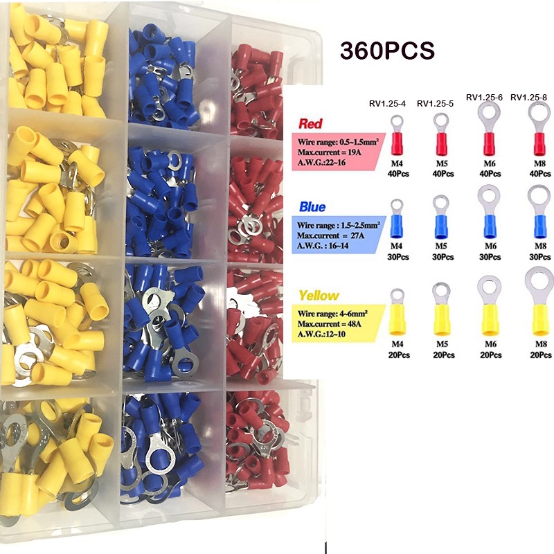 360/320/125pcs 22-16/16-14/12-10 AWG Mixed Quick Cut Electrical Insulated M4/5/6/8 Ring Terminals Crimp Terminal Connectors Kit