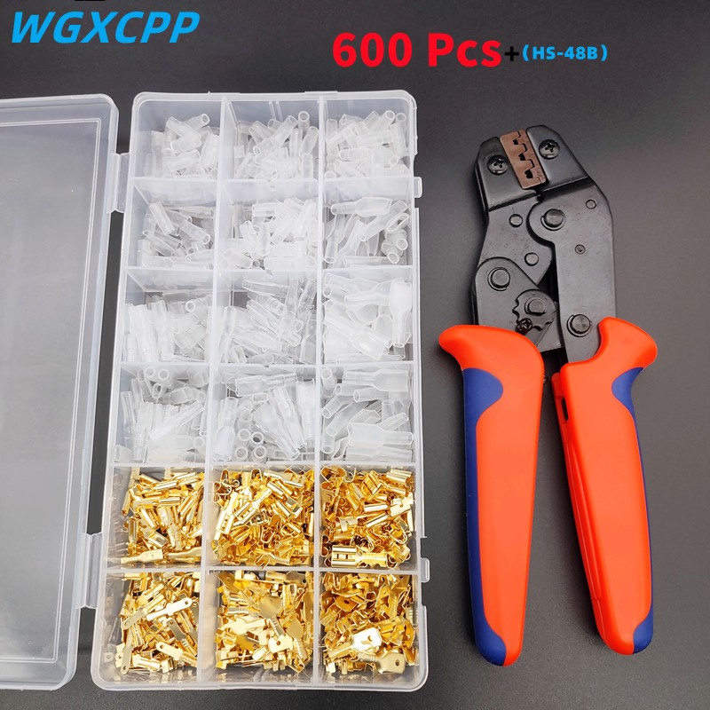 600pcs Female and Male Crimp Termination, Electrical Connector, Fastening Terminal Kit, Golden Plug-in 2.8/4.8/6.3mm Cold Press Pliers