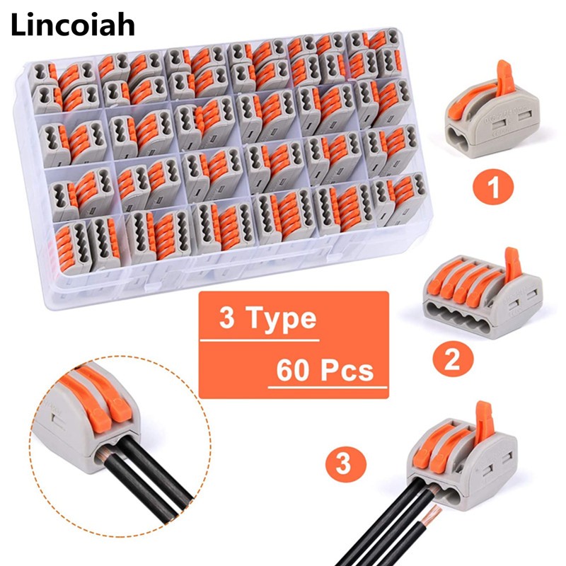 60pcs/set Terminal Block Spring Lever Nut Terminal Blocks Reusable Electrical Cable Connector Wire Home Tools of Insulating Solder