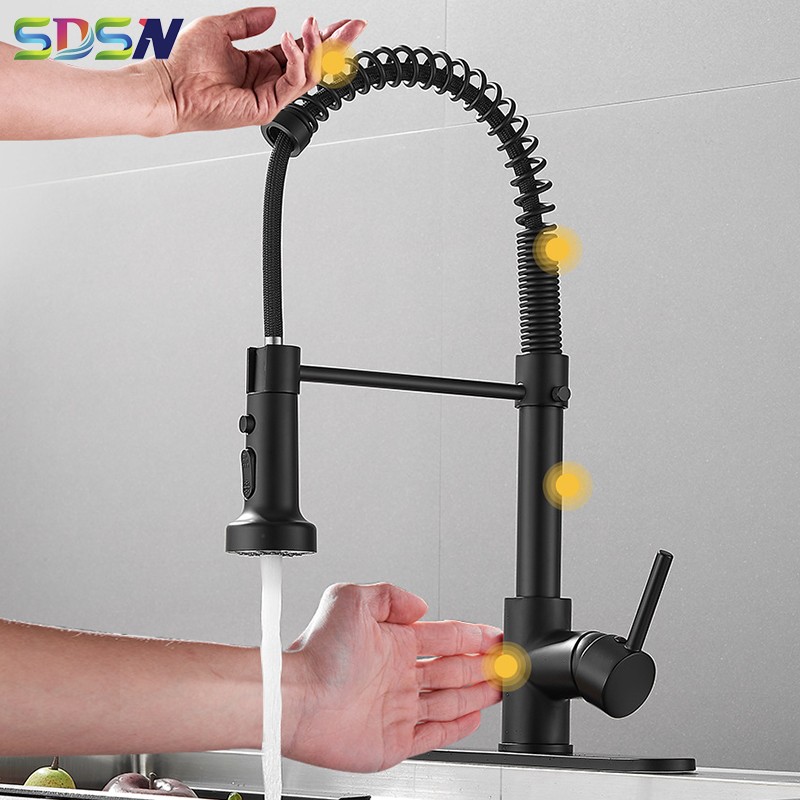 Black Touch Spring Kitchen Mixer Faucets Quality Brass Hot Cold Pull Kitchen Mixer Taps Smart Sensor Touch Kitchen Faucet