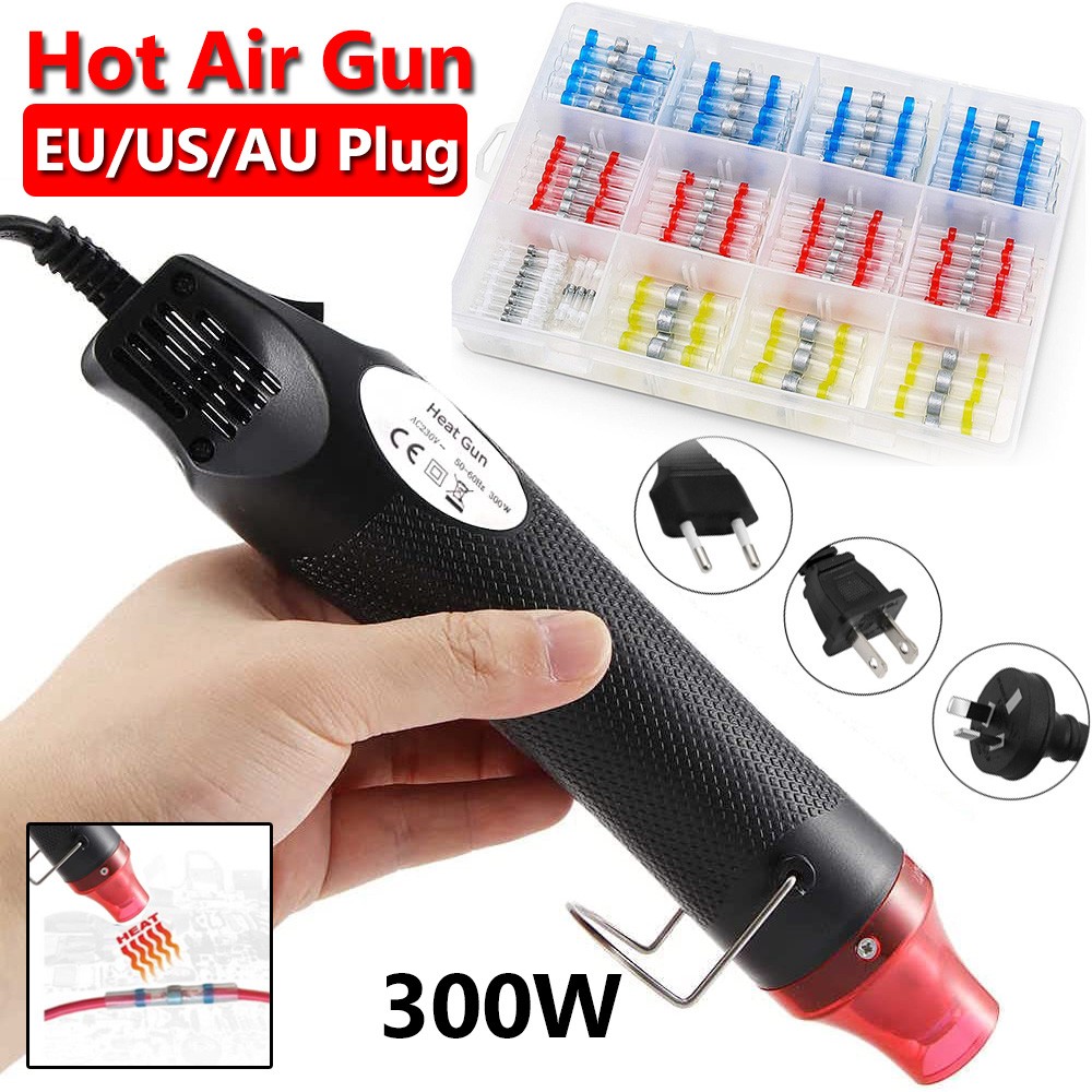 300W Electric Handheld Heat Gun Hot Air Gun with 50-300pcs Heat Shrink Terminals for DIY Craft Embossing Shrink Wrap PVC