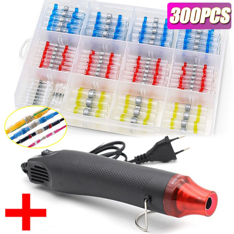 300pcs Electric Heat Shrink Butt Terminals Crimp Terminals Waterproof Welding Insulator Wire Twisting Cable Terminal Kit With 300W Hot Air Gun