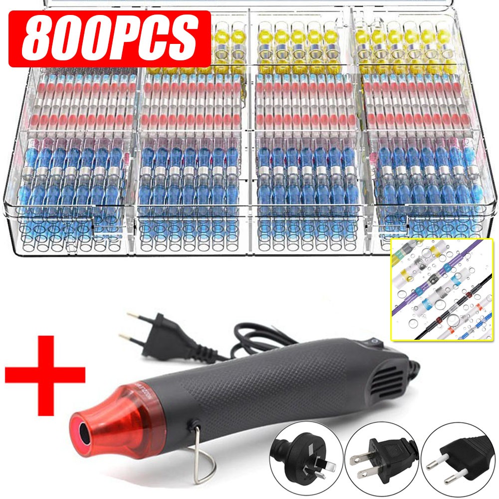 100/800pcs Heat Shrink Butt Terminals Crimp Terminal Solder Seal Waterproof Electrical Wire Twisting Cable Kit With Mini Heat Gun