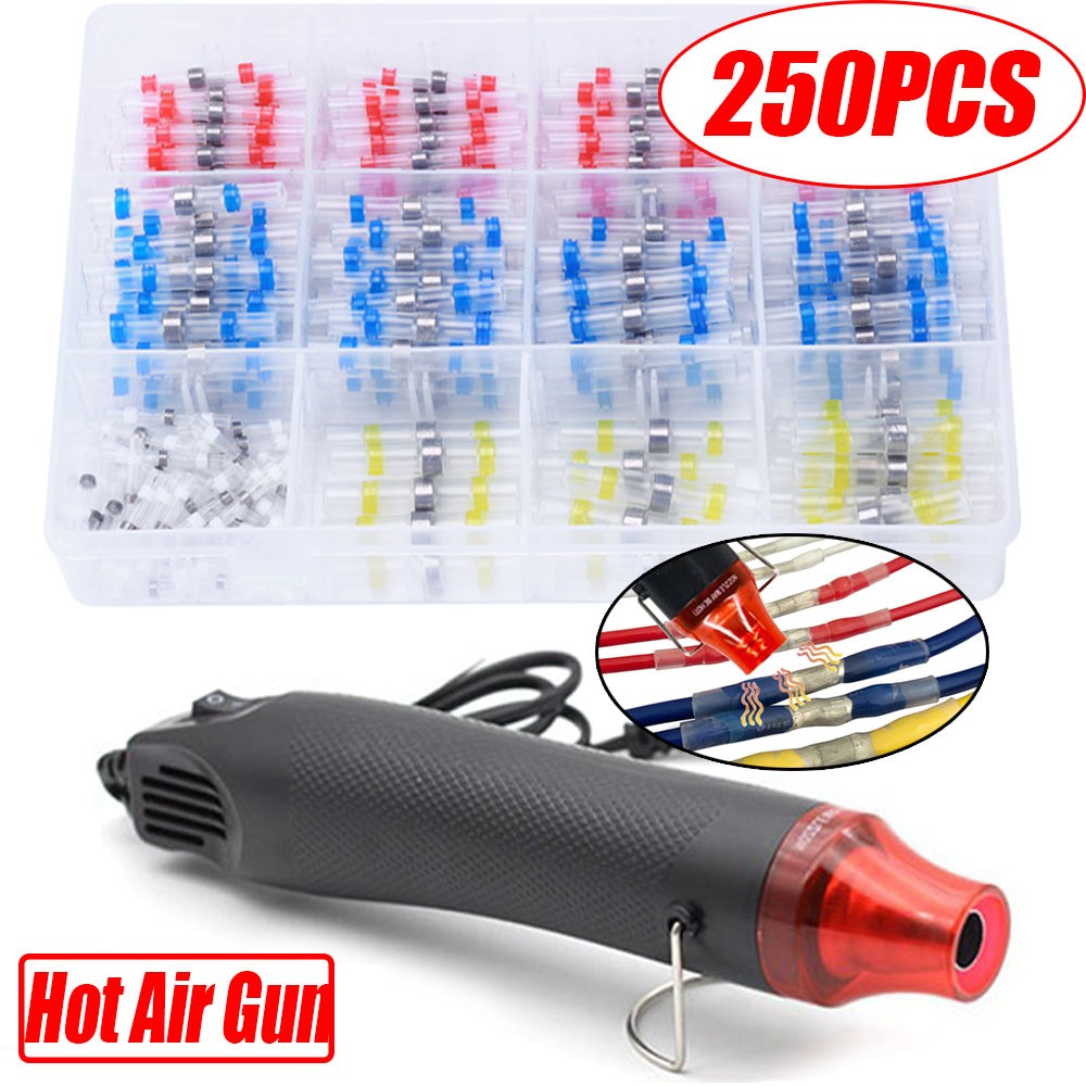 250pcs Welding Cable Wire Seal Electrical Connectors Heat Shrink Butt Terminals Crimp Terminals Waterproof Splice Kit With 300W Hot Air Gun