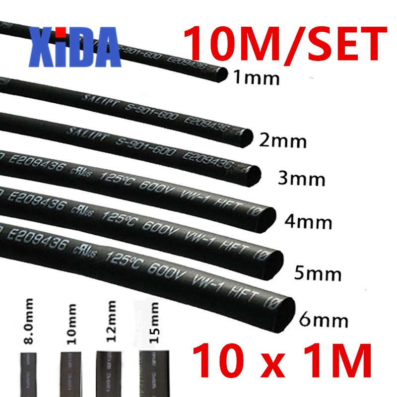 10 Meters/Set Black Transparnt Clear 2:1 Heat Shrink Tube Wire Cable Sleeving Wrap 1mm 2mm 3mm 4mm 5mm 6mm 8mm 10mm 12mm 15mm