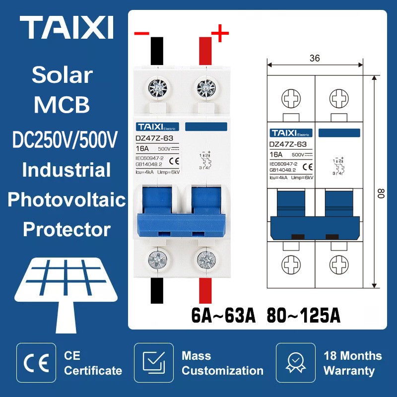 TAIXI Solar Photovoltaic DC PV Circuit Breaker Switch MCB DC250V 500V 1000V 16A 32A 40A 50A 63A Air Switch 100A 125A